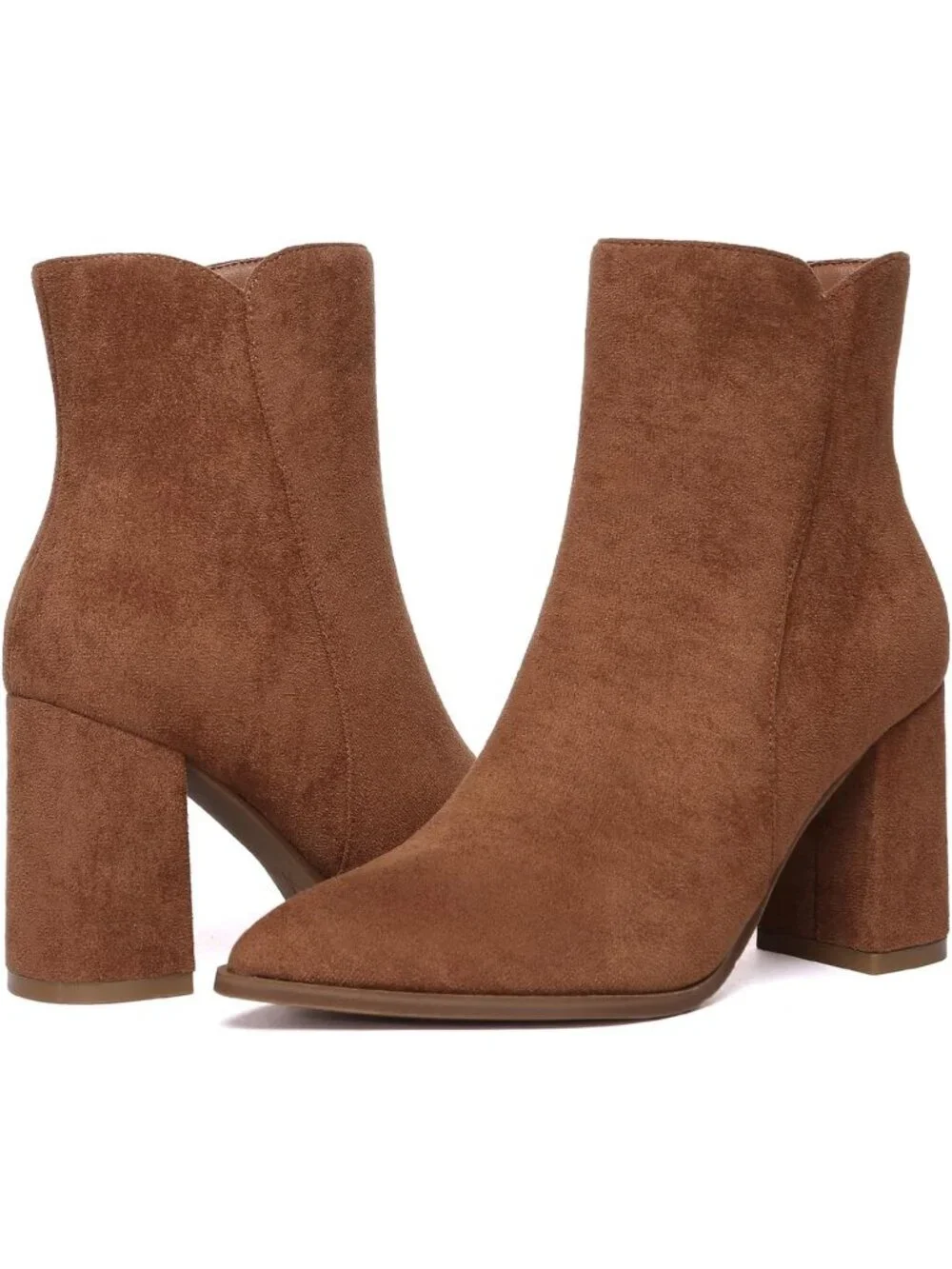 Women's Brown Fashion Pointed Toe Chunky Block Heel Side Zipper Short Ankle Boot